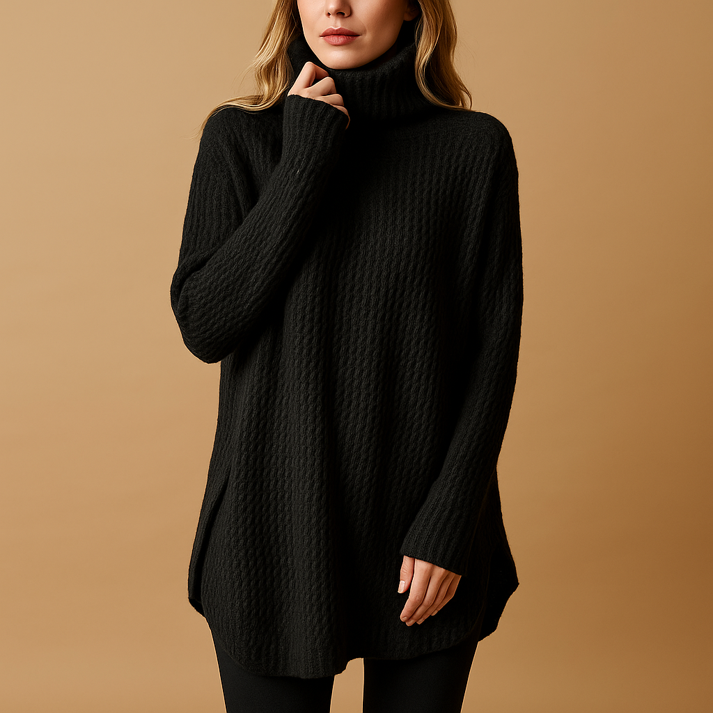 Lange warme damestrui met subtiele print in zwart of grijs, ideaal voor koude dagen en stijlvol te combineren met jeans of leggings.