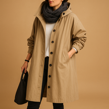 Lange waterdichte regenjas voor dames met verstelbare taille, capuchon en ceintuur in groen, beige of zwart.