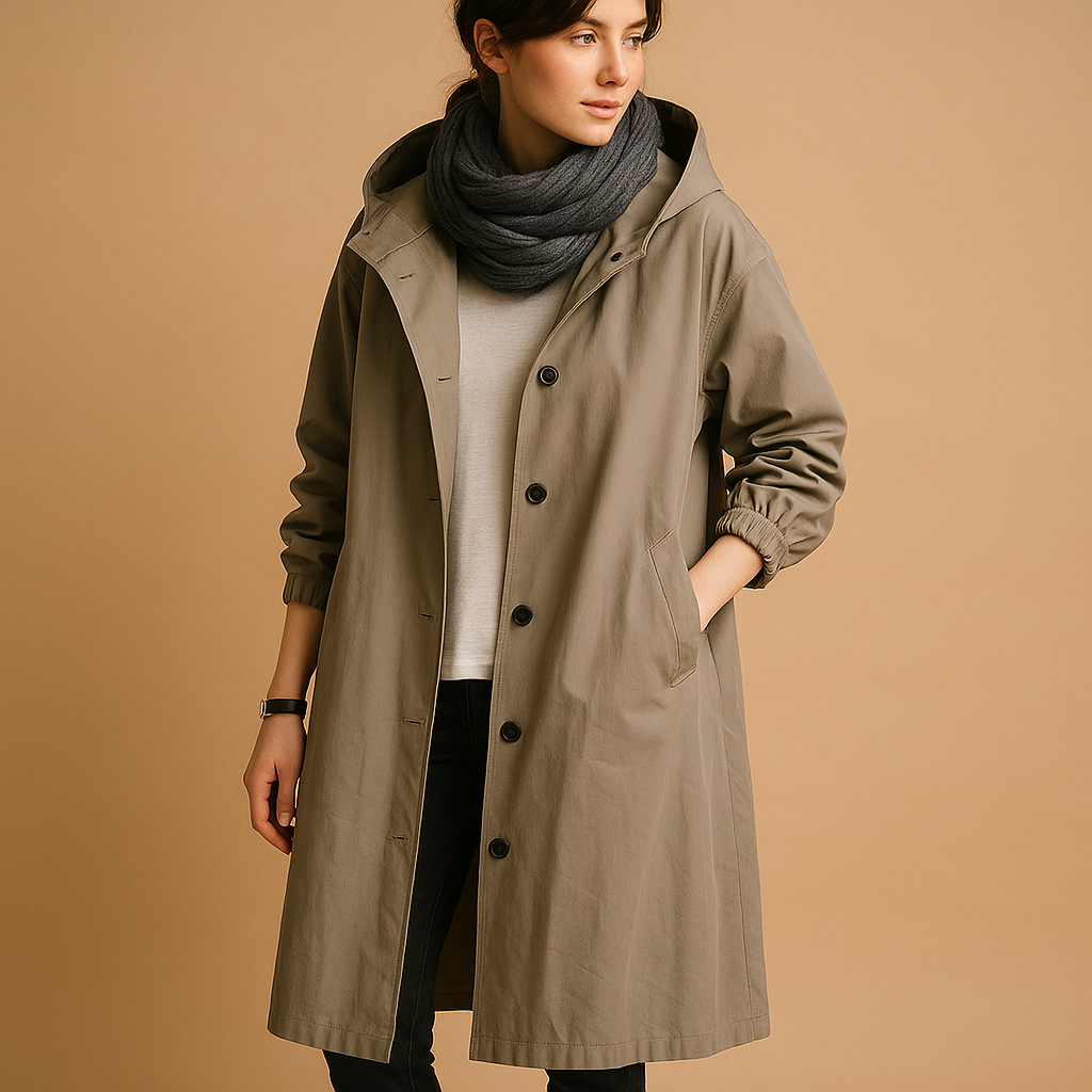 Lange waterdichte regenjas voor dames met verstelbare taille, capuchon en ceintuur in groen, beige of zwart.