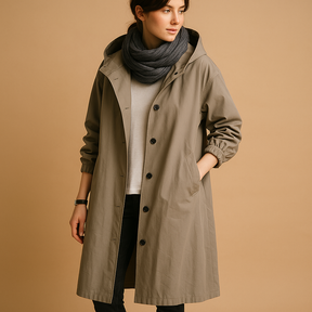 Lange waterdichte regenjas voor dames met verstelbare taille, capuchon en ceintuur in groen, beige of zwart.