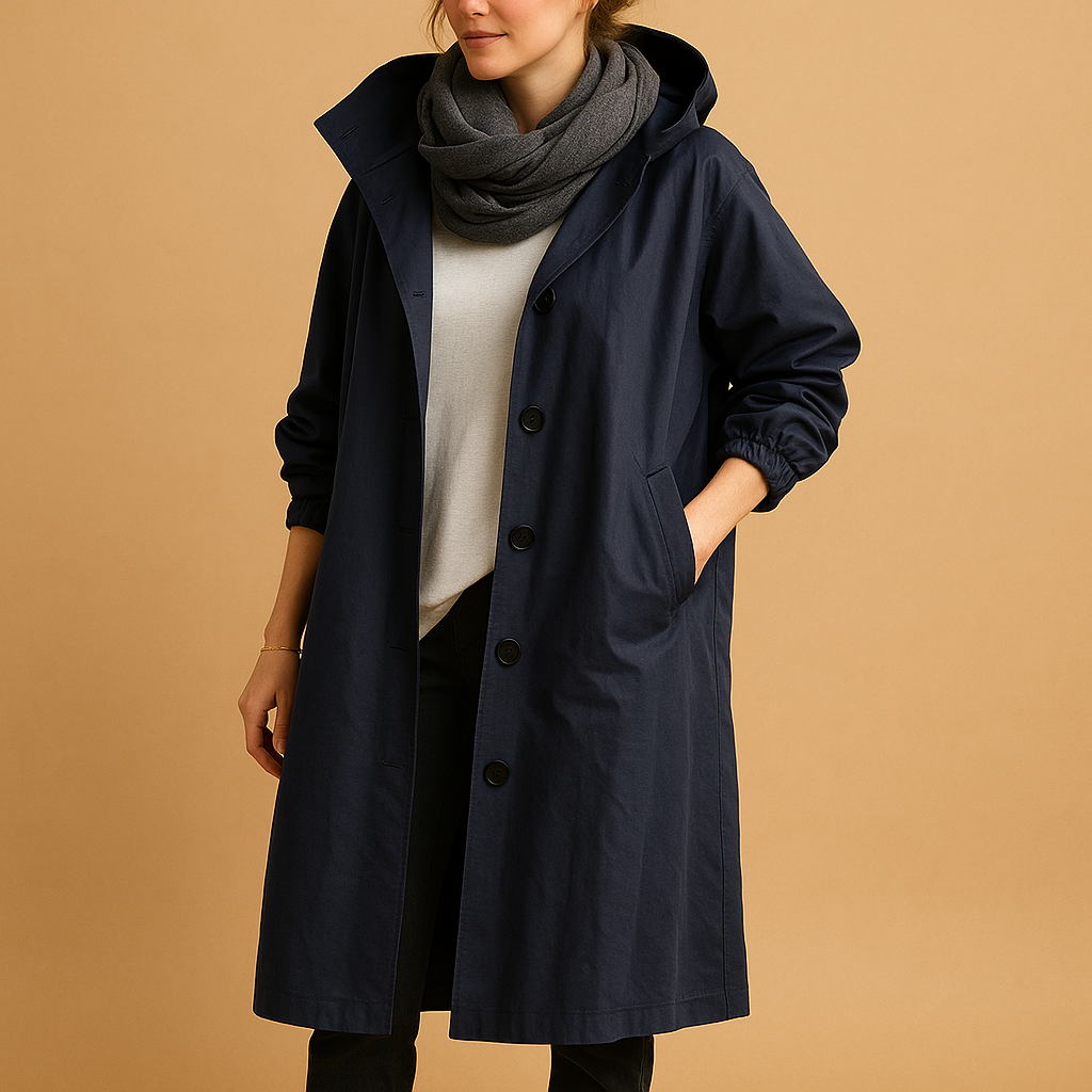 Lange waterdichte regenjas voor dames met verstelbare taille, capuchon en ceintuur in groen, beige of zwart.