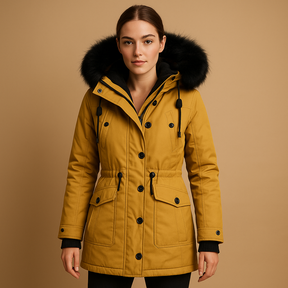 Lange waterdichte winterjas voor dames met luxe bontkraag, warme voering en verlengd silhouet. Perfect voor koude en natte winterdagen.