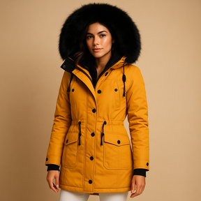 Lange waterdichte winterjas voor dames met luxe bontkraag, warme voering en verlengd silhouet. Perfect voor koude en natte winterdagen.