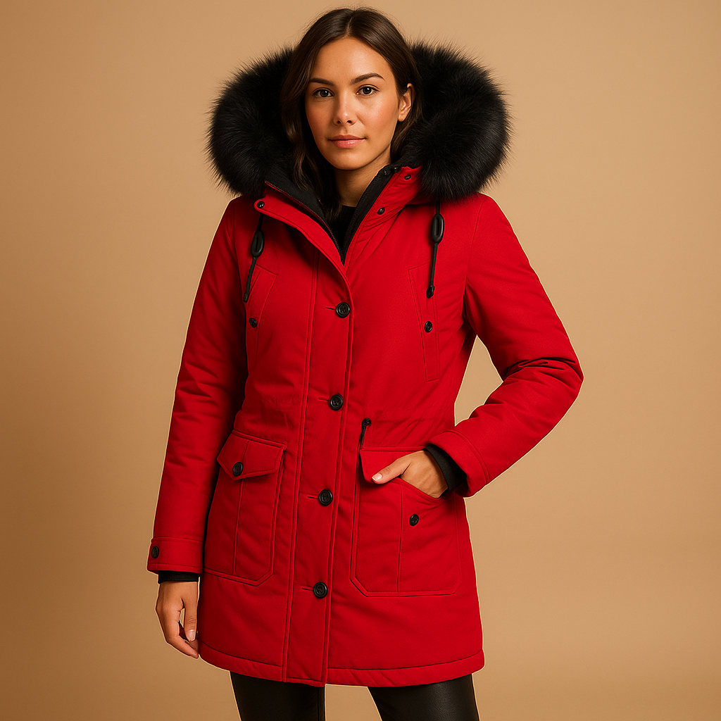 Lange waterdichte winterjas voor dames met luxe bontkraag, warme voering en verlengd silhouet. Perfect voor koude en natte winterdagen.
