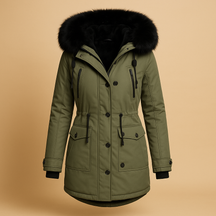 Lange waterdichte winterjas voor dames met imitatiebontkraag, warme voering en verlengd design. Perfect voor koude en natte winterdagen.