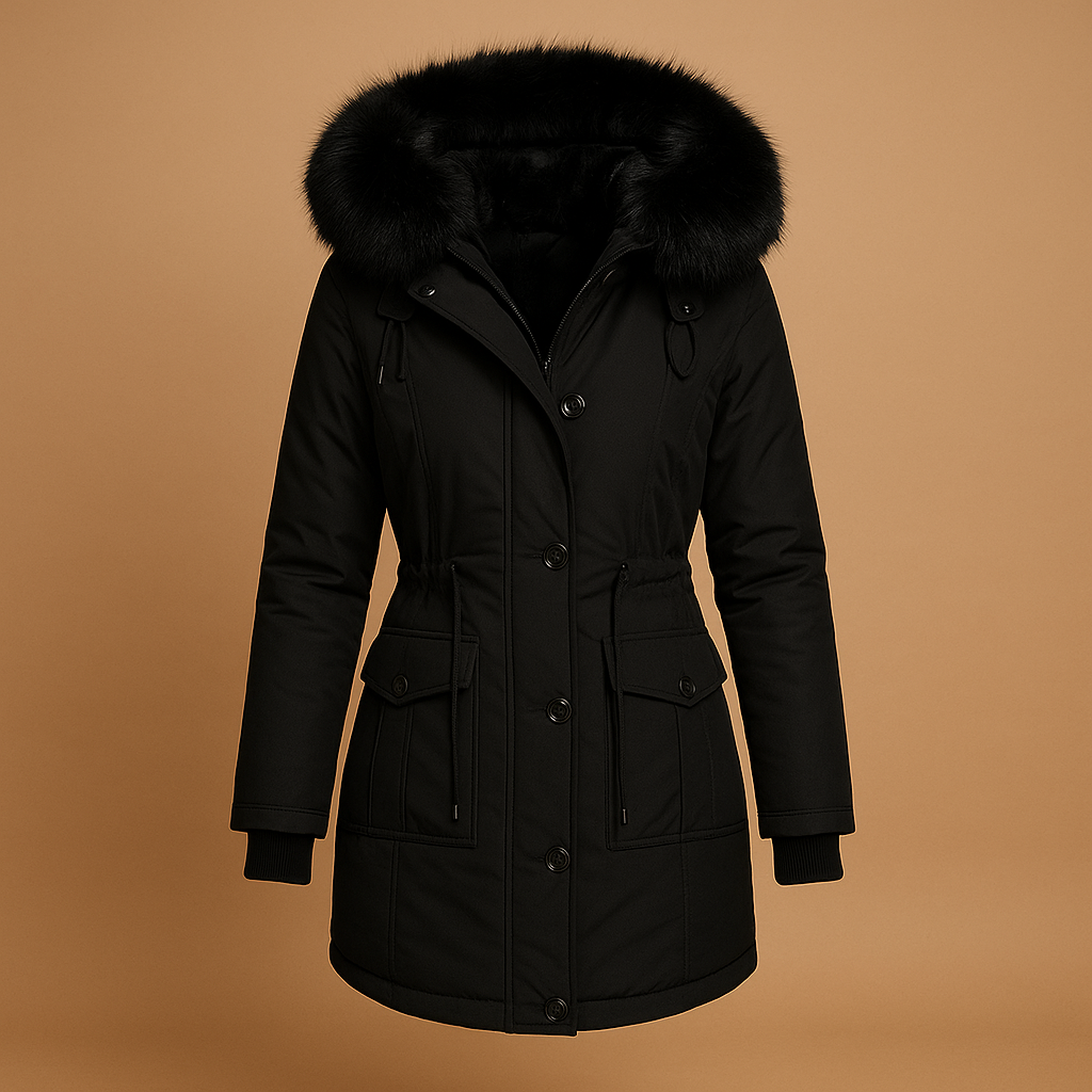 Lange waterdichte winterjas voor dames met imitatiebontkraag, warme voering en verlengd design. Perfect voor koude en natte winterdagen.