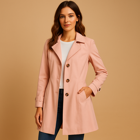 Lange winddichte regenjas voor dames in zwart of beige met verstelbare taille en capuchon, ideaal voor regenachtige en winderige dagen.