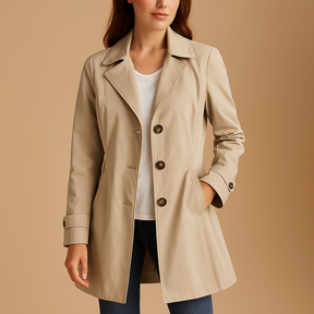 Lange winddichte regenjas voor dames in zwart of beige met verstelbare taille en capuchon, ideaal voor regenachtige en winderige dagen.