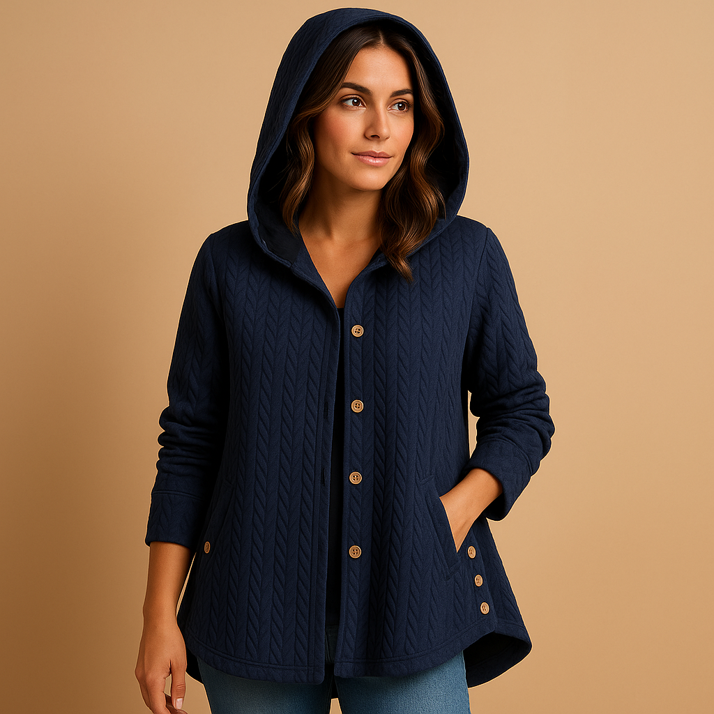 Lange winterjas voor dames met capuchon en knoopsluiting. Elegant, warm en duurzaam. Perfect voor dagelijks gebruik en stijlvolle winterlagen.