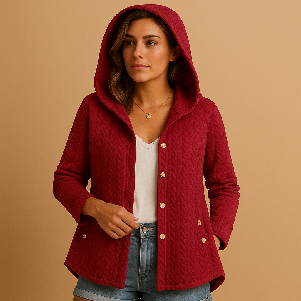 Lange winterjas voor dames met capuchon en knoopsluiting. Elegant, warm en duurzaam. Perfect voor dagelijks gebruik en stijlvolle winterlagen.