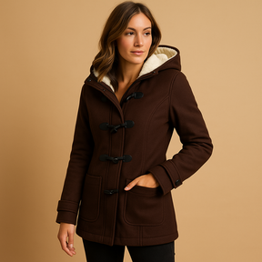 Lange winterjas met capuchon voor dames, windbestendig met moderne snit. Comfortabel en elegant, ideaal voor koude dagen en avondwandelingen.