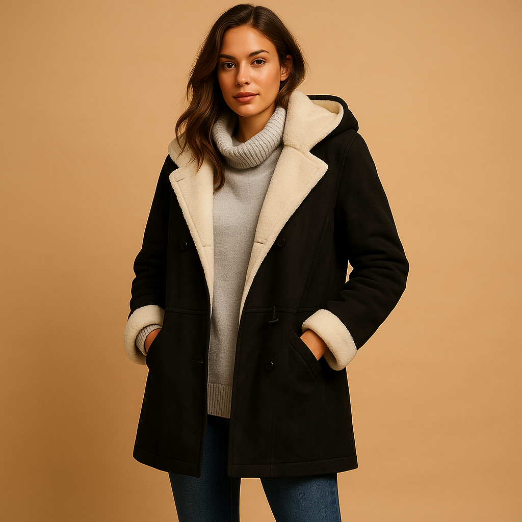Lange winterjas voor dames met capuchon en moderne snit. Gemaakt van zachte isolerende stof. Perfect voor koude dagen en stijlvolle winterlooks.