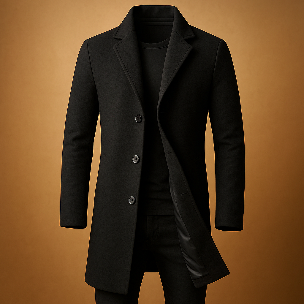 Lange winterjas voor heren met elegante snit en warme, duurzame afwerking, ideaal voor koude winterdagen en formele outfits.