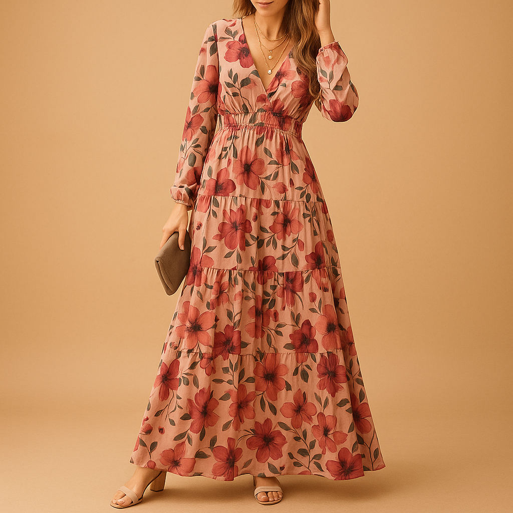 Lange zomerjurk voor dames met bloemenprint en V-hals, ideaal voor strand, dagelijks gebruik en zomerse feestjes.