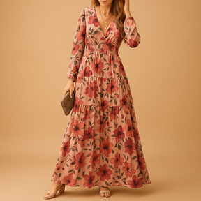 Lange zomerjurk voor dames met bloemenprint en V-hals, ideaal voor strand, dagelijks gebruik en zomerse feestjes.