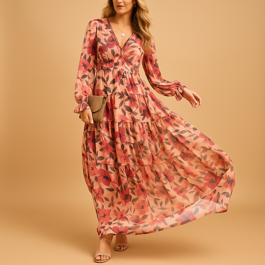 Lange zomerjurk voor dames met bloemenprint en V-hals, ideaal voor strand, dagelijks gebruik en zomerse feestjes.
