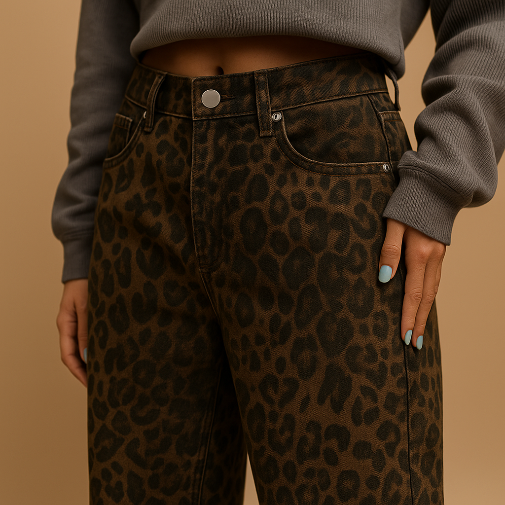 Slim fit damesjeans met luipaardprint in katoenen stretchstof, perfect voor casual en avondlooks.