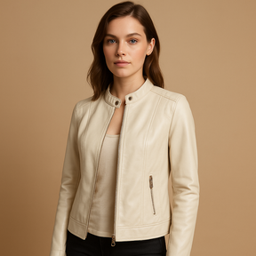 Leren bikerjas voor dames met symmetrische ritssluiting, reverskraag en metalen details. Ideaal voor casual looks, avondoutfits en laagjes in lente en herfst.