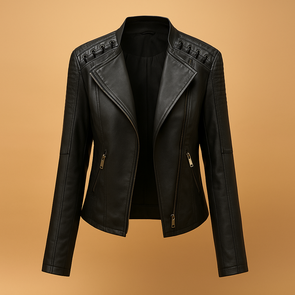 Leren damesjack met opstaande kraag en zilveren ritsdetails, ideaal voor casual en elegante lente- en herfstlooks.