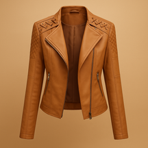 Leren damesjack met opstaande kraag en zilveren ritsdetails, ideaal voor casual en elegante lente- en herfstlooks.