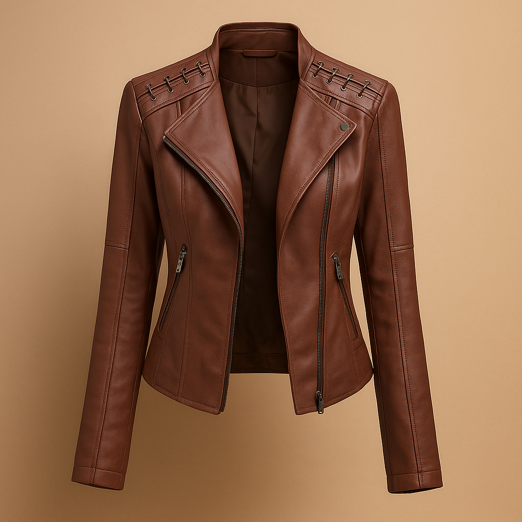 Leren damesjack met opstaande kraag en zilveren ritsdetails, ideaal voor casual en elegante lente- en herfstlooks.