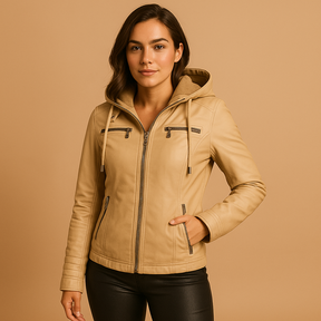 Elegante leren jas met capuchon voor dames, met afneembare capuchon en dubbele rits, ideaal voor zowel casual als stijlvolle outfits.