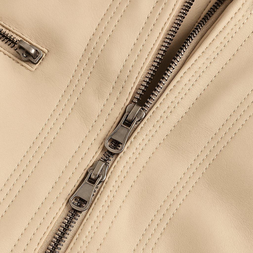 Elegante leren jas met capuchon voor dames, met afneembare capuchon en dubbele rits, ideaal voor zowel casual als stijlvolle outfits.