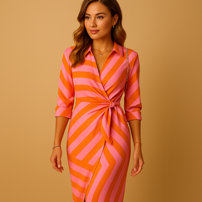 Lichte rayon wikkeljurk voor dames met kraag en striksluiting, perfect voor zomerse dagen, brunches en casual gelegenheden.