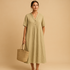 Lichte en ademende zomerjurk voor dames in losse pasvorm. Perfect voor warme dagen en geschikt voor zowel casual als feestelijke gelegenheden.