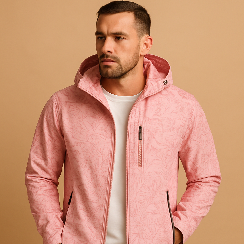 Lichtgewicht waterdichte jas voor heren met bladpatroon, ademend en comfortabel ontwerp met verstelbare capuchon en ritszakken.