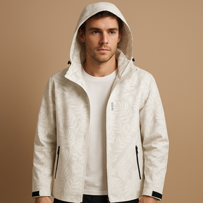 Lichtgewicht waterdichte jas voor heren met bladpatroon, ademend en comfortabel ontwerp met verstelbare capuchon en ritszakken.