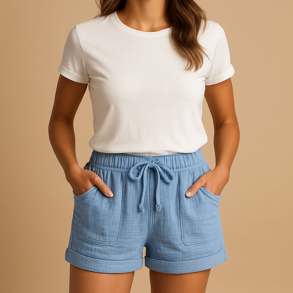Dames zomershorts met elastische tailleband en zakken, gemaakt van lichtgewicht materiaal voor comfortabel en stijlvol zomergebruik.