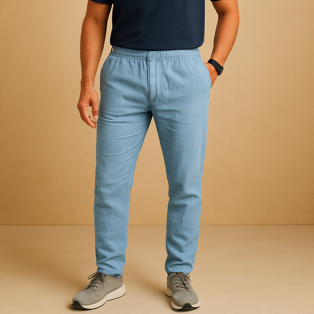 Linnen herenbroek met ademende stof en comfortabele pasvorm in neutrale tinten, ideaal voor zomerse dagen en casual elegantie.
