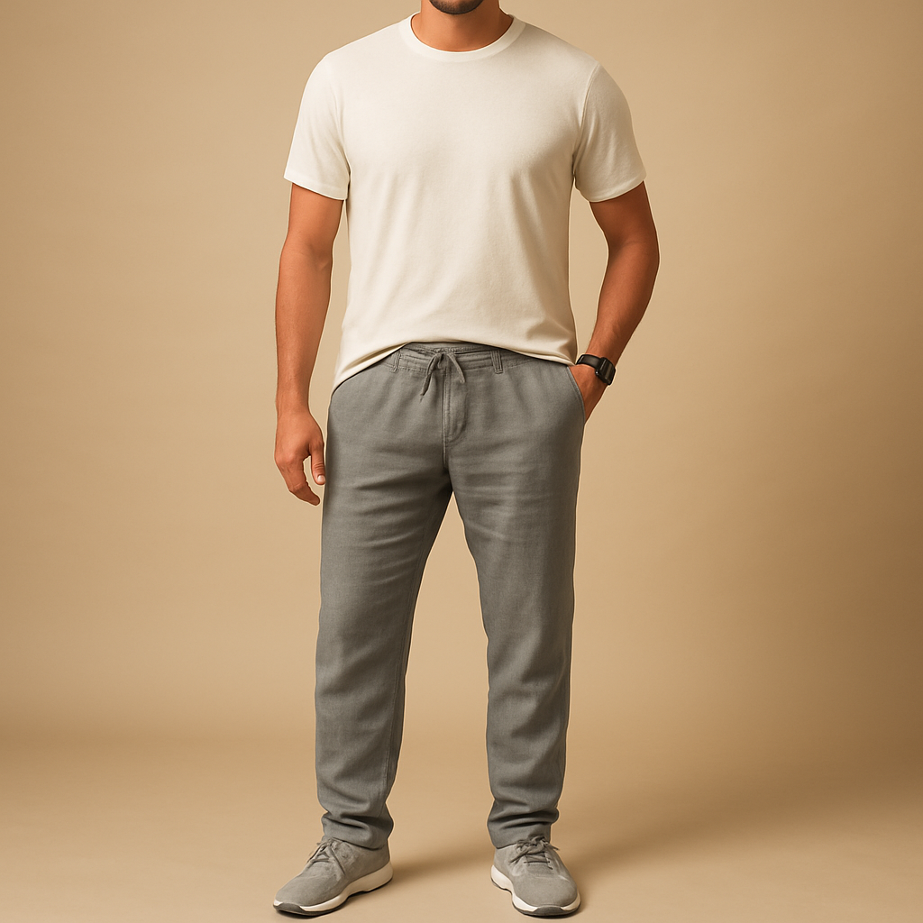 Linnen herenbroek met ademende stof en comfortabele pasvorm in neutrale tinten, ideaal voor zomerse dagen en casual elegantie.