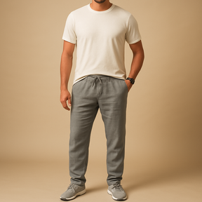Linnen herenbroek met ademende stof en comfortabele pasvorm in neutrale tinten, ideaal voor zomerse dagen en casual elegantie.