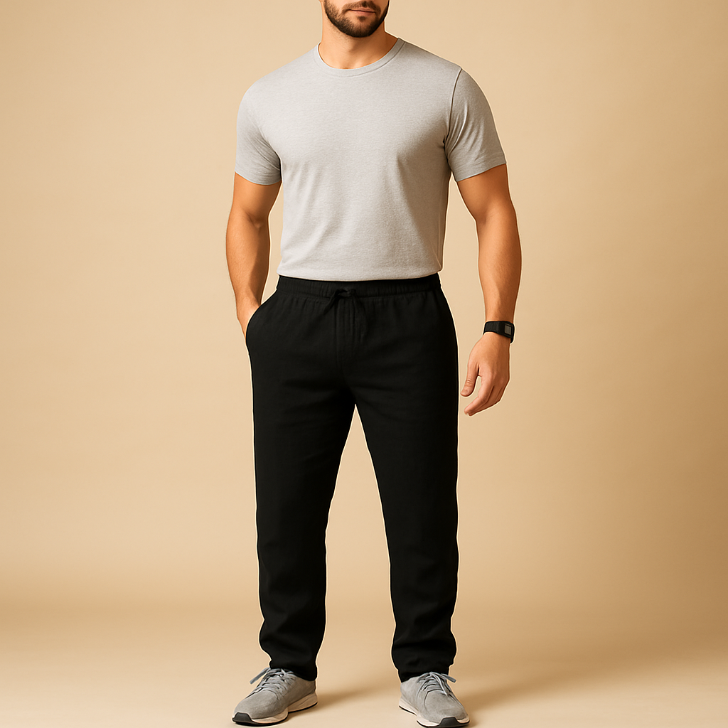 Linnen herenbroek met ademende stof en comfortabele pasvorm in neutrale tinten, ideaal voor zomerse dagen en casual elegantie.