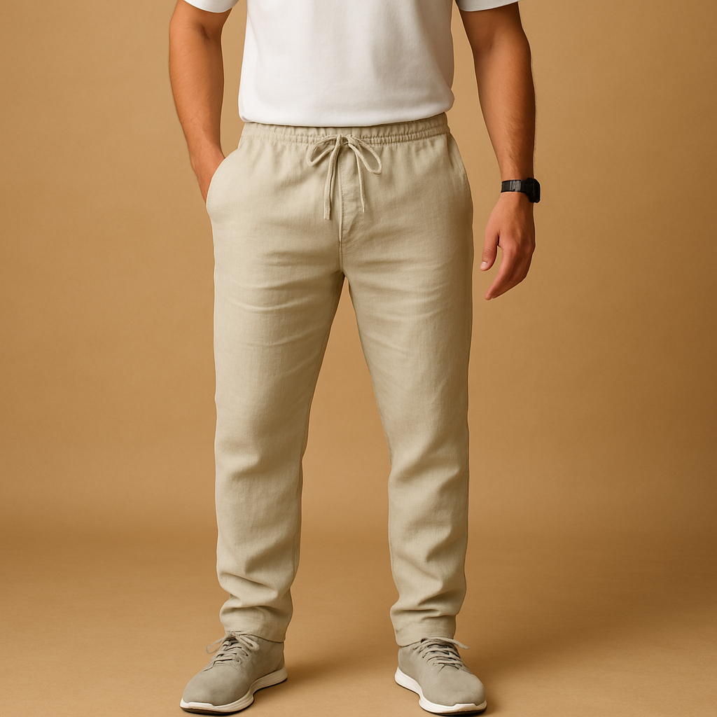 Linnen herenbroek met ademende stof en comfortabele pasvorm in neutrale tinten, ideaal voor zomerse dagen en casual elegantie.