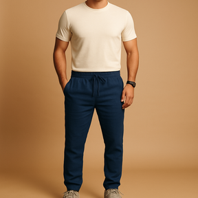 Linnen herenbroek met ademende stof en comfortabele pasvorm in neutrale tinten, ideaal voor zomerse dagen en casual elegantie.