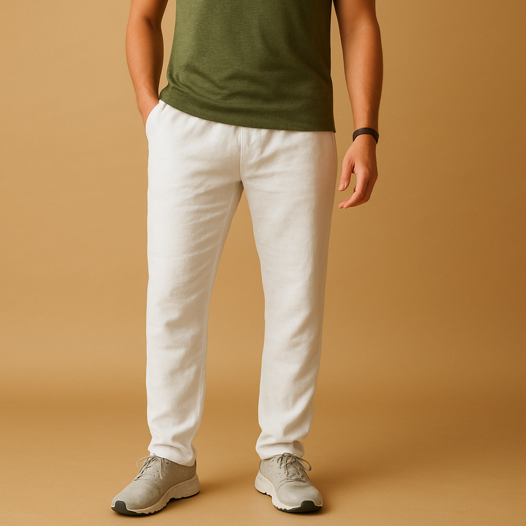 Linnen herenbroek met ademende stof en comfortabele pasvorm in neutrale tinten, ideaal voor zomerse dagen en casual elegantie.