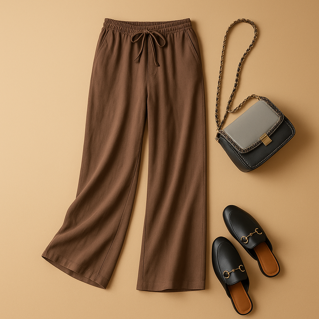 Linnen broek met elastische taille voor dames, losvallend model van katoen-linnen – perfect voor casual of chique zomeroutfits.