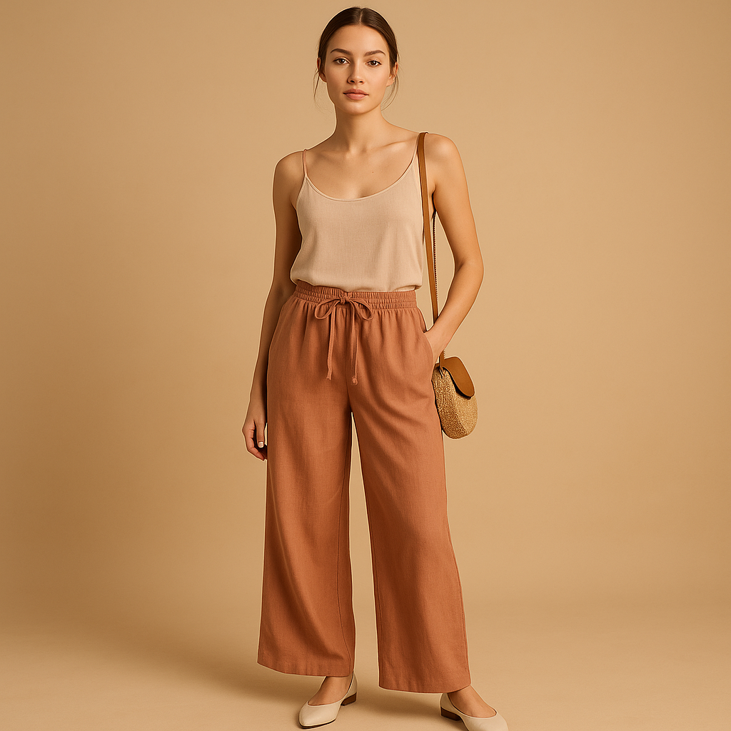 Linnen broek met elastische taille voor dames, losvallend model van katoen-linnen – perfect voor casual of chique zomeroutfits.
