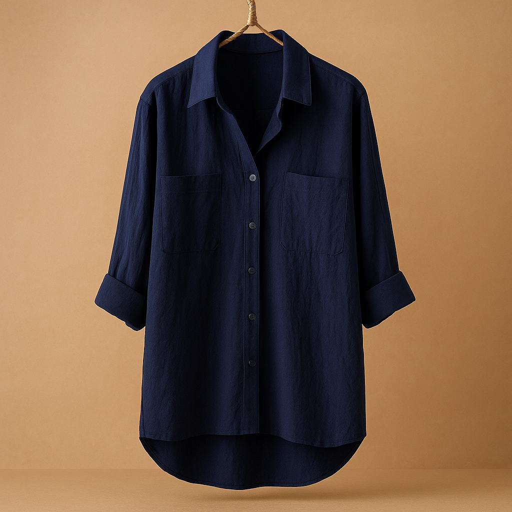 Dames blouse van linnen-katoen mix met lange mouwen en losvallende pasvorm, ideaal voor werk of casual dagen. Beschikbaar in zes kleuren.