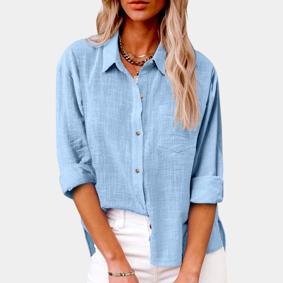 Linnen-katoen blouse voor dames met lange mouwen, overhemdkraag en zakken in pastel- en neutrale tinten, geschikt voor dagelijks gebruik