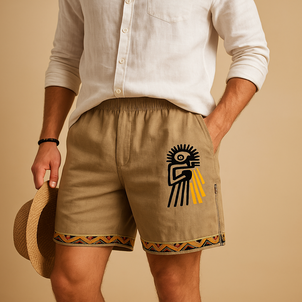 Heren linnen korte broek met elastische tailleband en print, ideaal voor zomerse dagen, stranduitjes en vakanties.