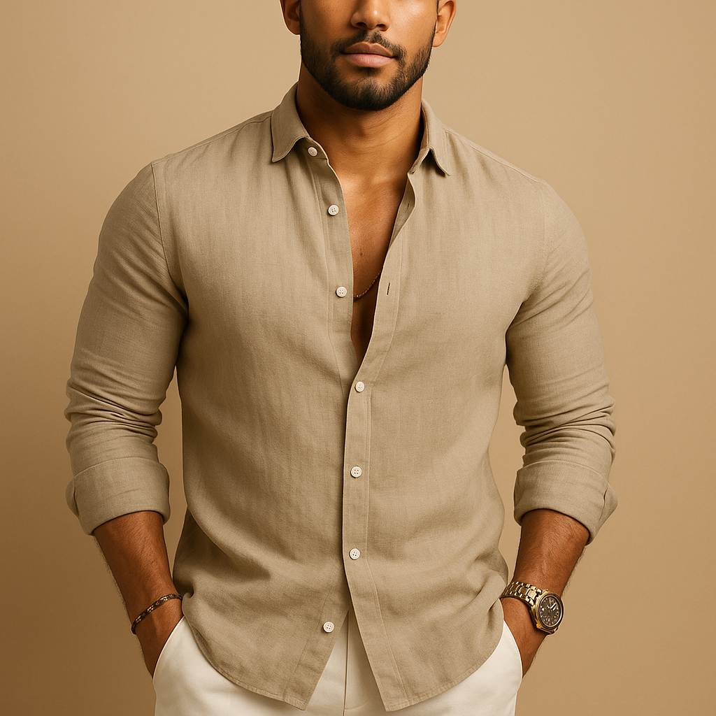 Linnen herenoverhemd in diverse kleuren met comfortabele pasvorm en ademende stof, ideaal voor casual en formele gelegenheden.