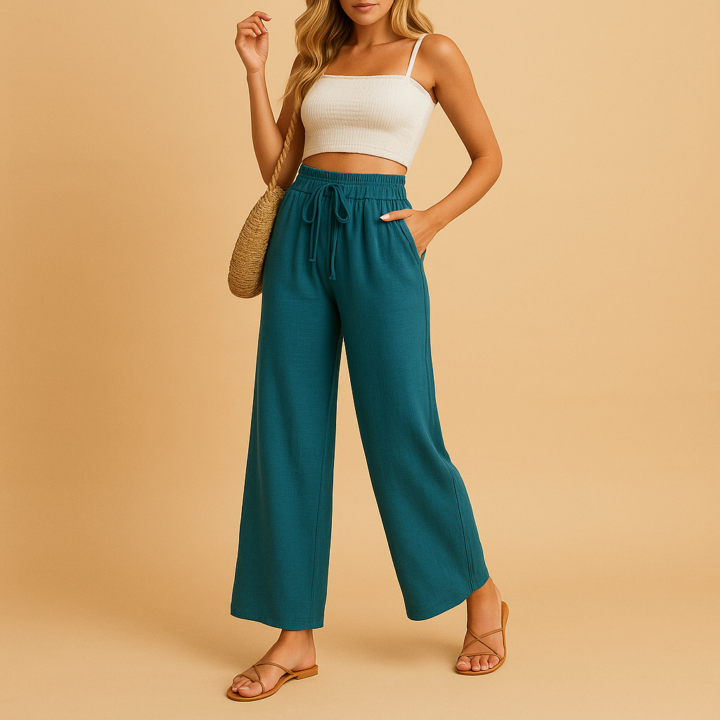 Dames loungebroek met hoge taille, rechte pijpen en soepele stof, perfect voor thuis, ontspanning of casual outfits.