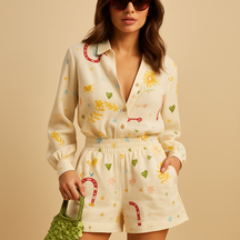 Loungewear set voor dames met losvallend overhemd en geprinte short, ideaal voor zomer en vakantie