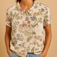 Vrouw draagt een luchtige blouse met vrolijke bloemenprint, ideaal voor zomerse dagen en casual outfits