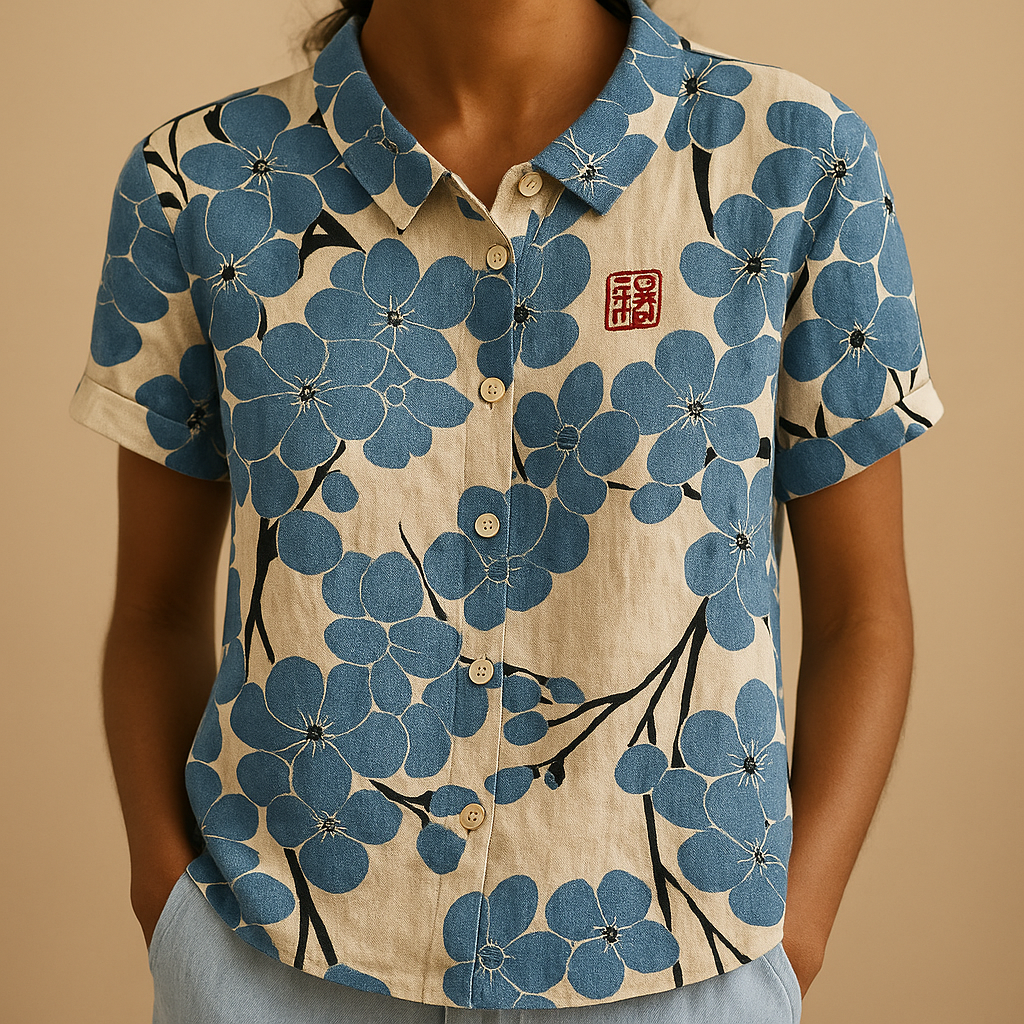 Vrouw draagt een luchtige blouse met vrolijke bloemenprint, ideaal voor zomerse dagen en casual outfits