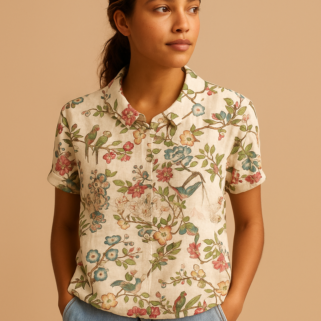 Vrouw draagt een luchtige blouse met vrolijke bloemenprint, ideaal voor zomerse dagen en casual outfits